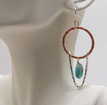 Load image into Gallery viewer, turquoise copper and silver earrings on earlobe