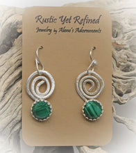 Load image into Gallery viewer, sterling spiral earrings in green malachite