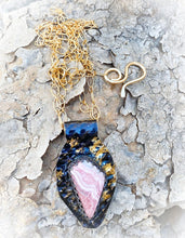 Load image into Gallery viewer, &#39;My First Bouquet&#39; Golden Steel Natural Rhodochrosite Pendant. 2&quot; tall