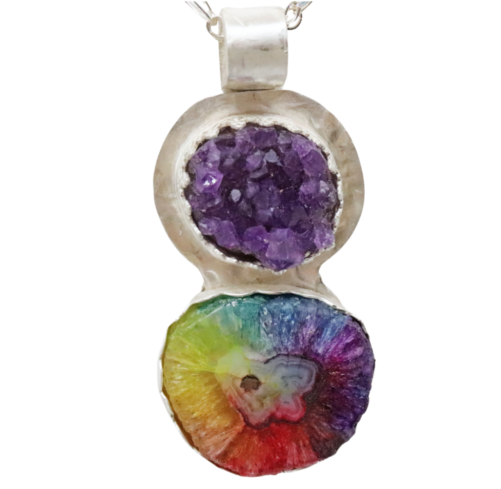 rainbow solar quartz pendant with amethyst