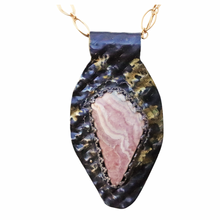 Load image into Gallery viewer, &#39;My First Bouquet&#39; Golden Steel Natural Rhodochrosite Pendant. 2&quot; tall