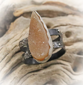 'Desert Sands' Silver and Steel Druzy quartz Ring. Size 8