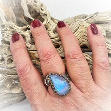 Load image into Gallery viewer, aantiqued moonstone ring shown on hand