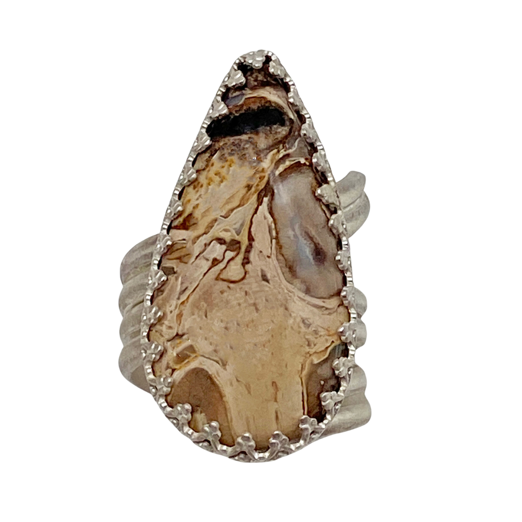 palmwood root petrified gem on ring