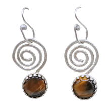 Load image into Gallery viewer, spiral sterling earrings with tigers eye